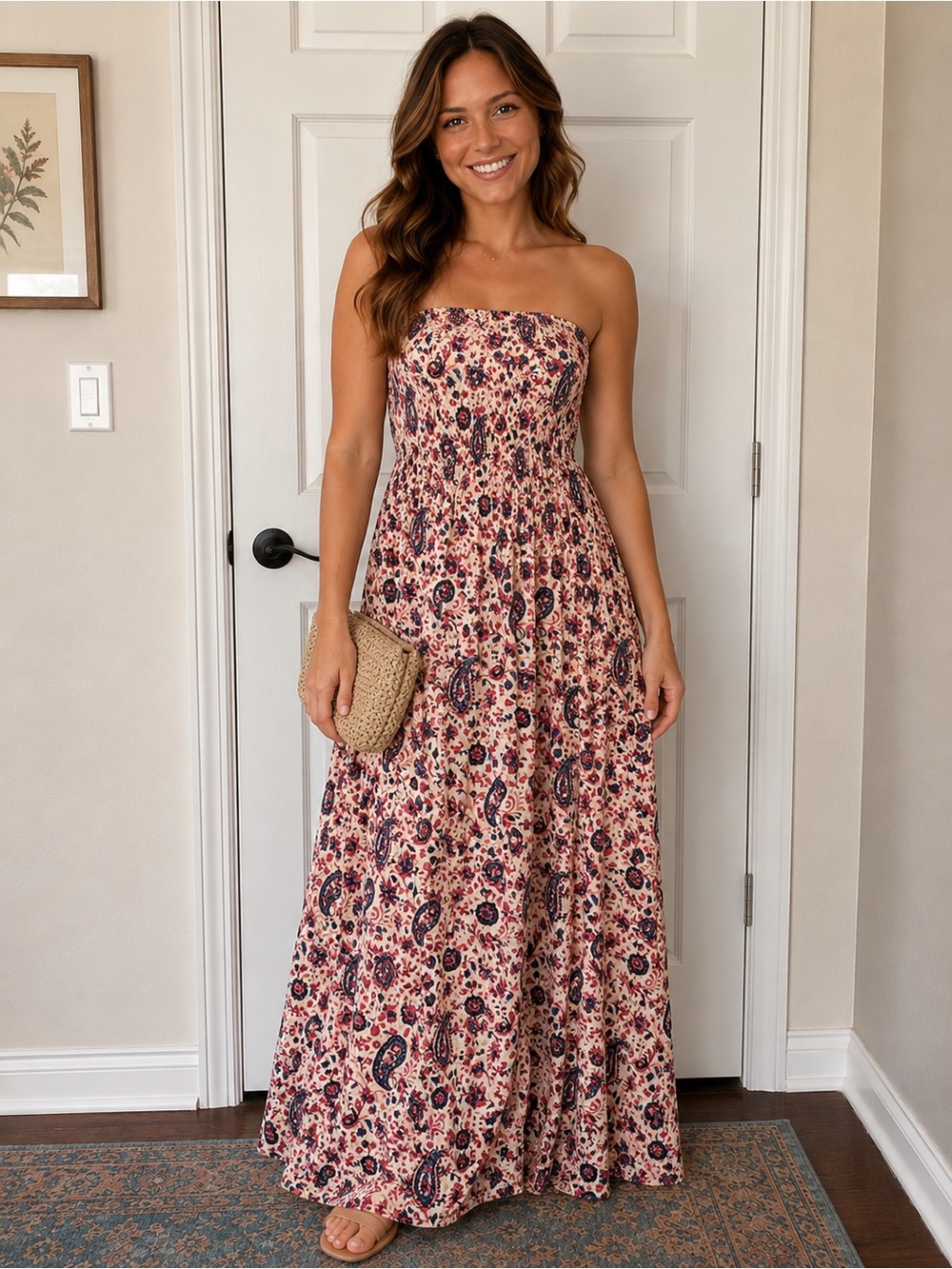 Zara Strapless Paisley Maxi Dress in Cream, Navy & Pink